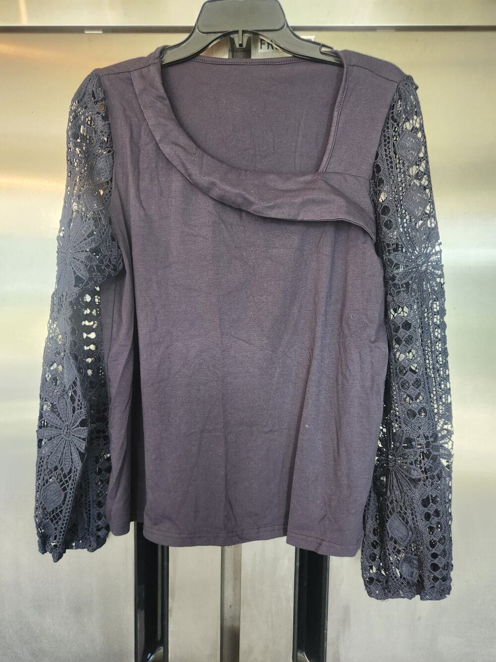 Shein Mauve Top with Gray Crochet Lace Long Sleeves Cowl Neck Size XL